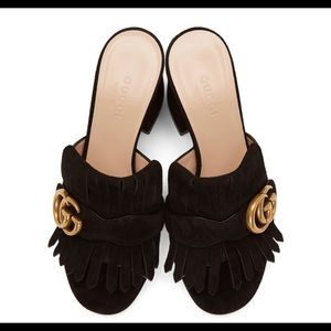 Gucci Marmont Black Suede Peep-toe Mules.